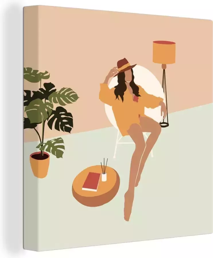 OneMillionCanvasses Canvas Schilderij Vrouw Stoel Hoed Pastel 90x90 cm Wanddecoratie