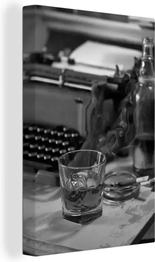 OneMillionCanvasses Canvas Schilderij Whisky en sigaar op bureau zwart wit 40x60 cm Wanddecoratie