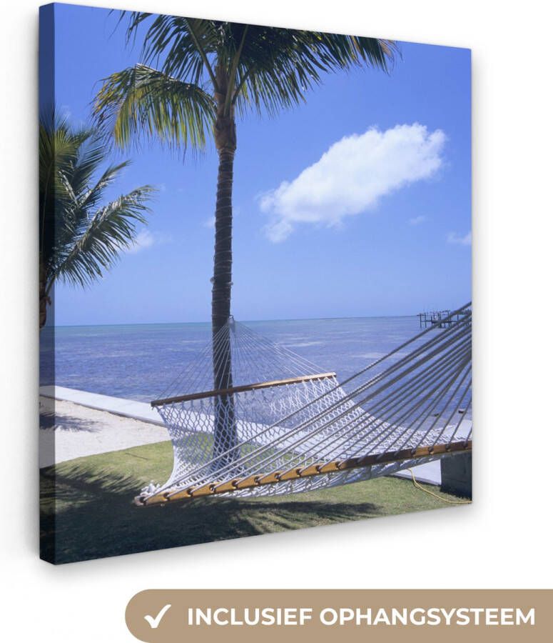OneMillionCanvasses Canvas Schilderij Zee Hangmat Palmboom 90x90 cm Wanddecoratie - Foto 1