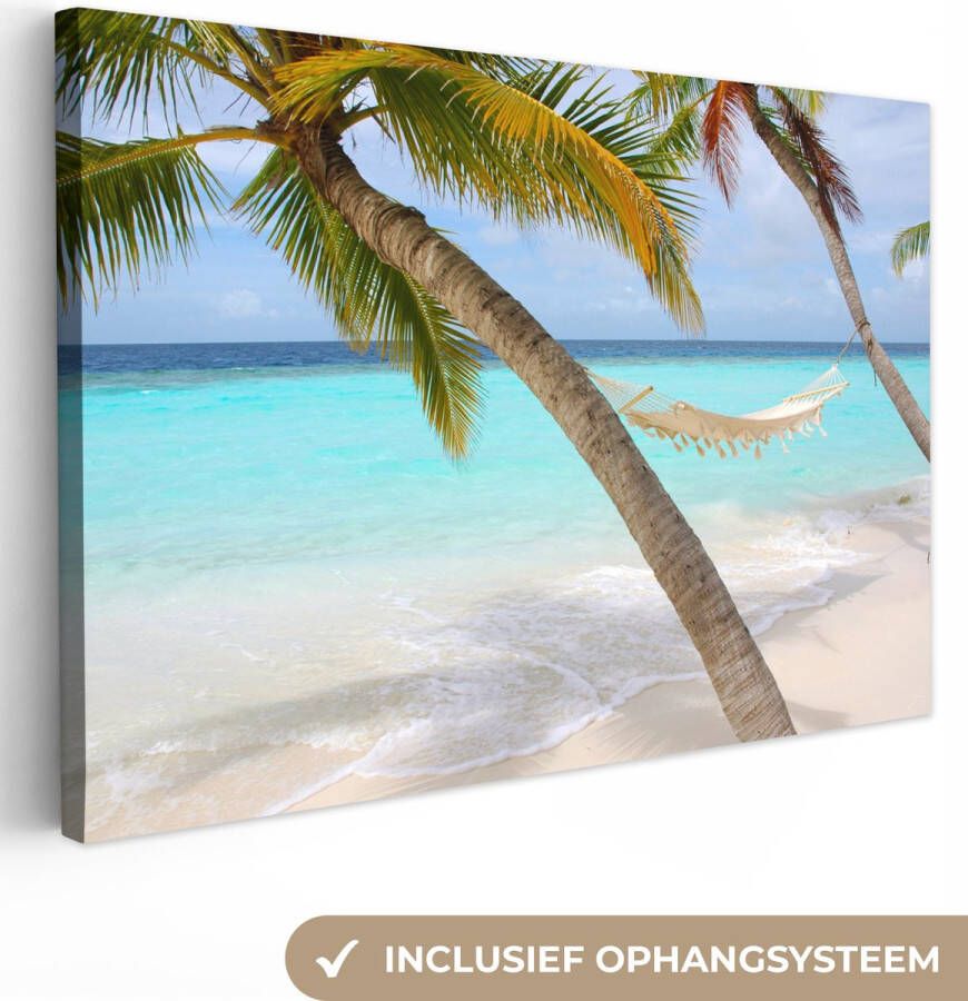 OneMillionCanvasses Canvas Schilderij Zee Palmboom Hangmat 120x80 cm Wanddecoratie