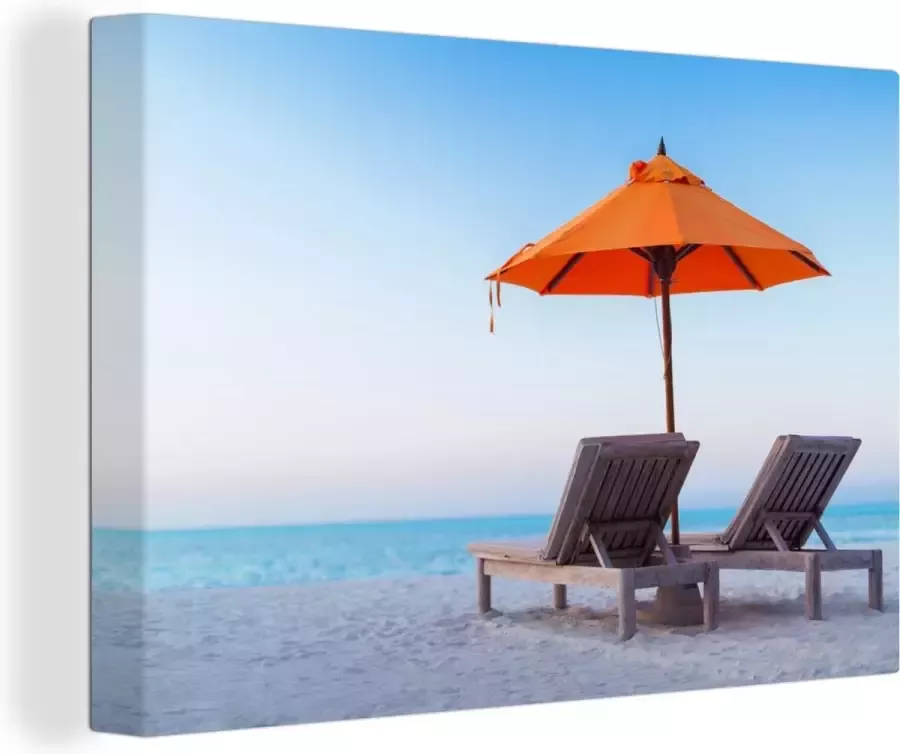 OneMillionCanvasses Canvas Schilderij Zee Parasol Oranje 120x80 cm Wanddecoratie