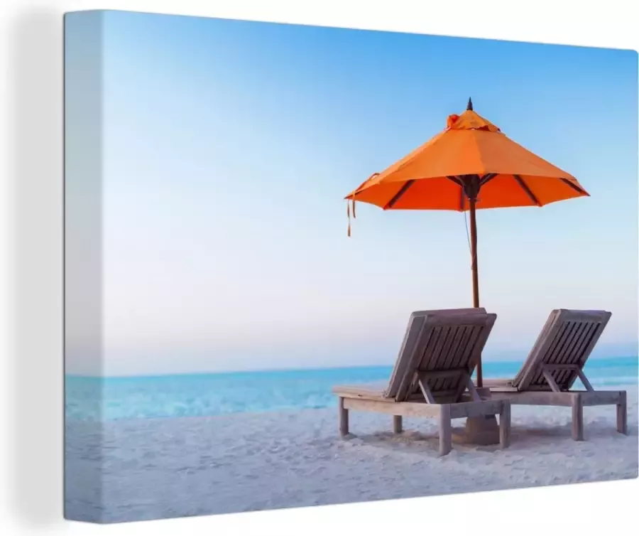 OneMillionCanvasses Canvas Schilderij Zee Parasol Oranje 90x60 cm Wanddecoratie