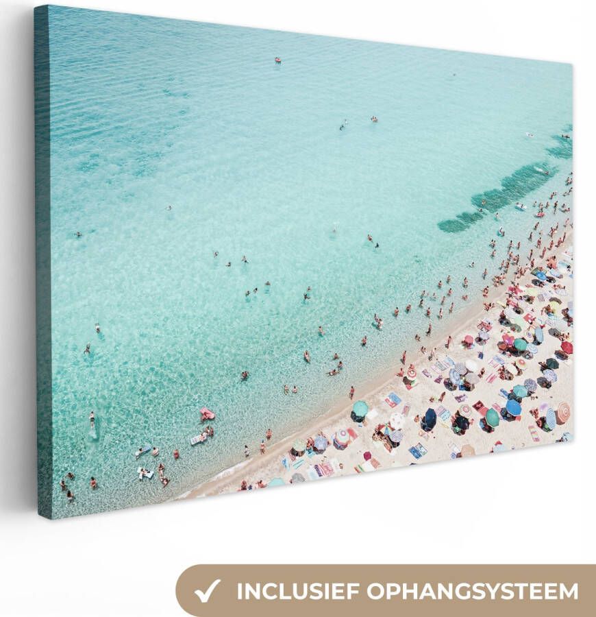 OneMillionCanvasses Canvas Schilderij Zee Strand Parasols Blauw Zomer 120x80 cm Wanddecoratie - Foto 1