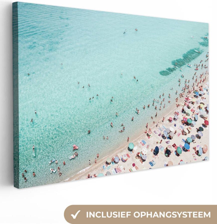 OneMillionCanvasses Canvas Schilderij Zee Strand Parasols Blauw Zomer 120x80 cm Wanddecoratie