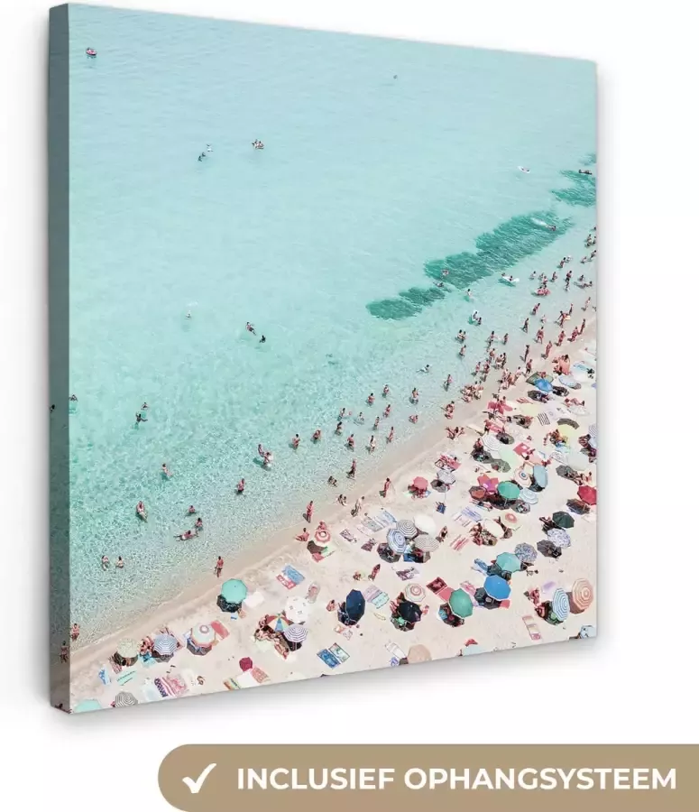 OneMillionCanvasses Canvas Schilderij Zee Strand Parasols Blauw Zomer 20x20 cm Wanddecoratie