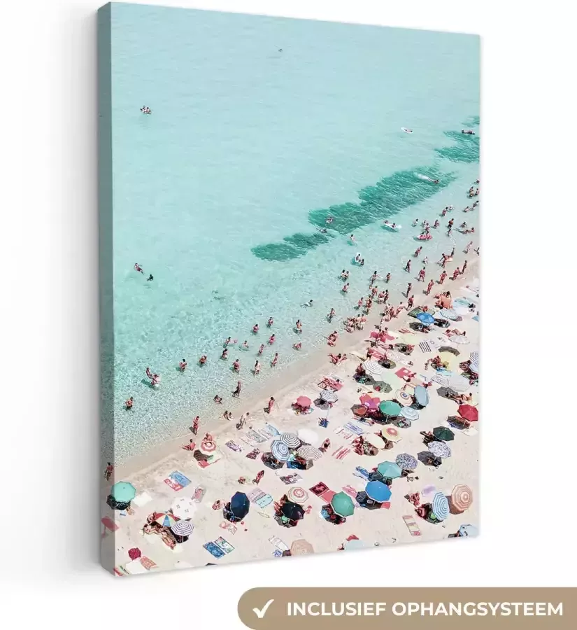 OneMillionCanvasses Canvas schilderij 60x80 cm Wanddecoratie Zee Strand Parasols Blauw Zomer Muurdecoratie woonkamer Slaapkamer decoratie Kamer accessoires Schilderijen op canvas