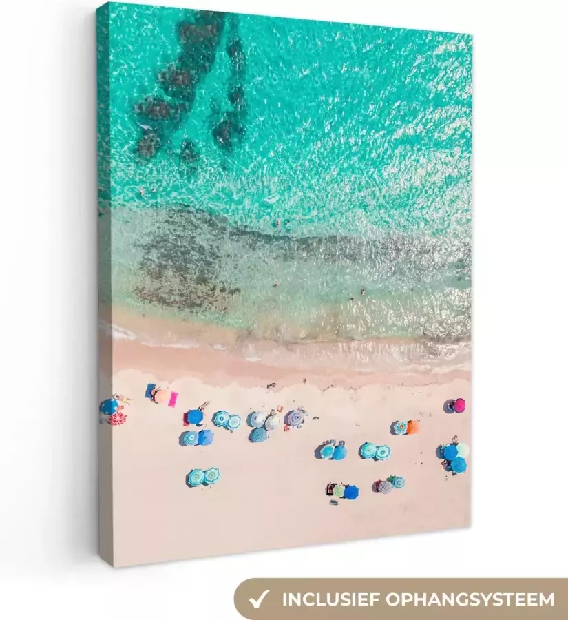 OneMillionCanvasses Canvas Schilderij Zee Strand Zomer Parasols Blauw 120x160 cm Wanddecoratie XXL