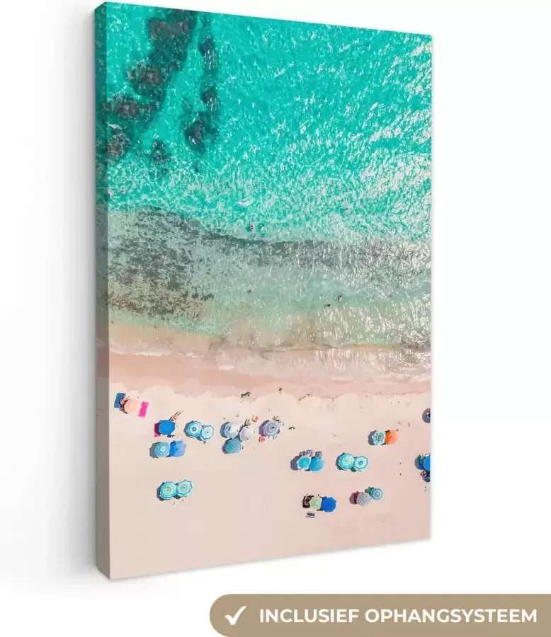 OneMillionCanvasses Canvas Schilderij Zee Strand Zomer Parasols Blauw 120x180 cm Wanddecoratie XXL