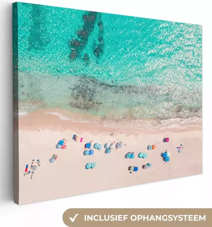 OneMillionCanvasses Canvas Schilderij Zee Strand Zomer Parasols Blauw 120x90 cm Wanddecoratie