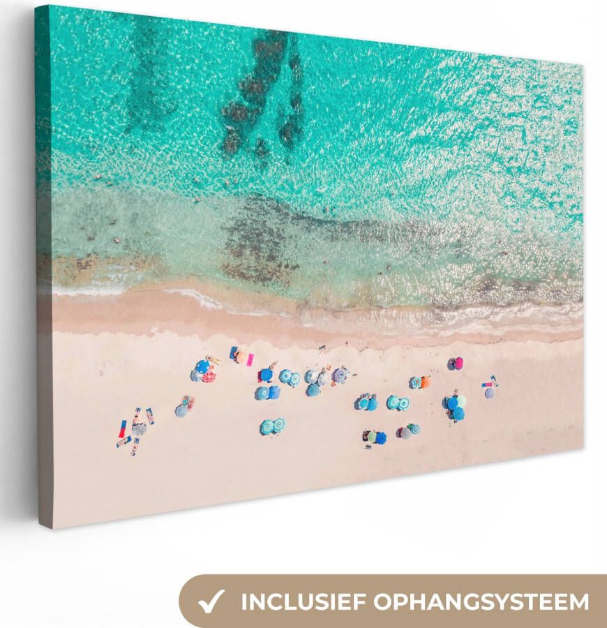 OneMillionCanvasses Canvas Schilderij Zee Strand Zomer Parasols Blauw 150x100 cm Wanddecoratie