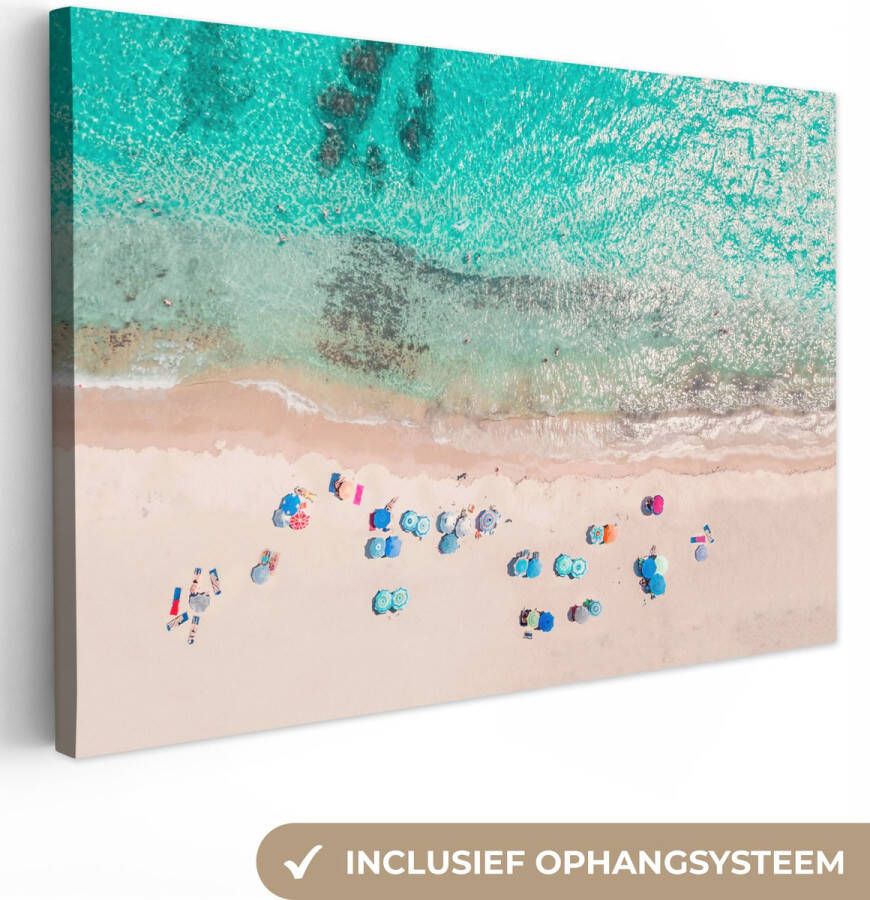 OneMillionCanvasses Canvas schilderij 90x60 cm Wanddecoratie Zee Strand Zomer Parasols Blauw Muurdecoratie woonkamer Slaapkamer decoratie Kamer accessoires Schilderijen op canvas