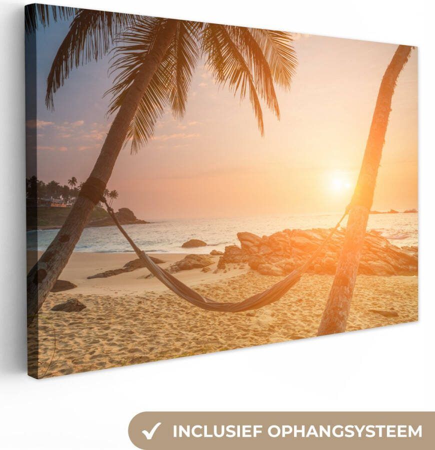 OneMillionCanvasses Canvas Schilderij Zomer Zonsondergang Hangmat 90x60 cm Wanddecoratie