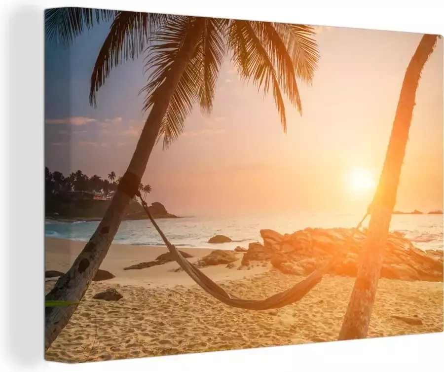 OneMillionCanvasses Canvas Schilderij Zomer Zonsondergang Hangmat 90x60 cm Wanddecoratie - Foto 2