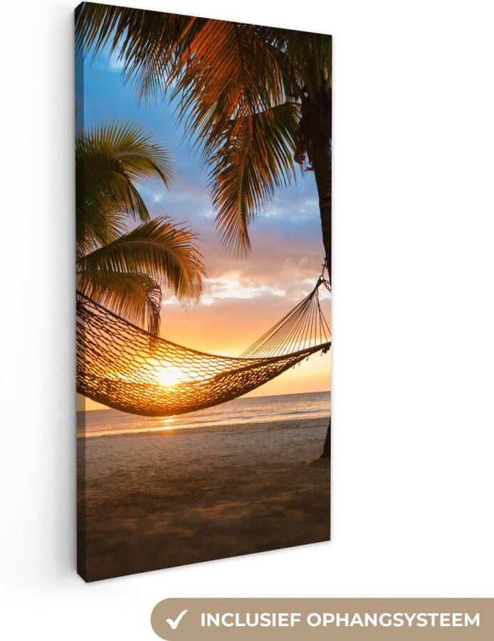 OneMillionCanvasses Canvas Schilderij Zonsondergang Hangmat Palmboom 20x40 cm Wanddecoratie