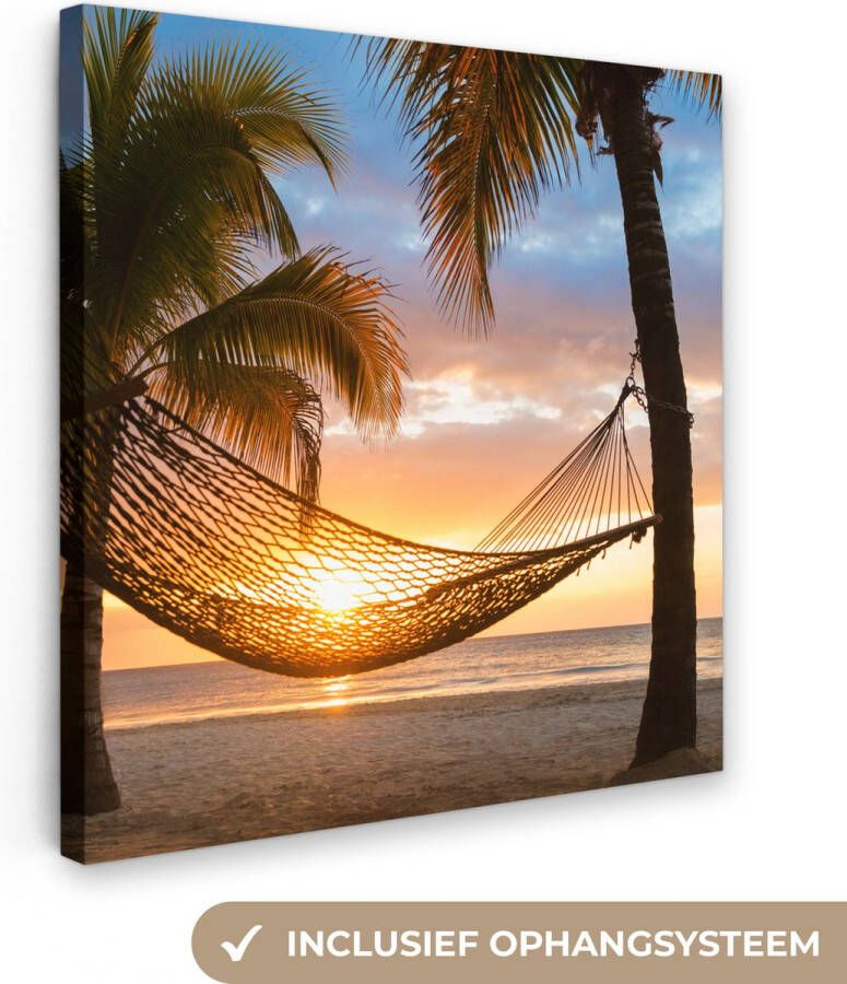 OneMillionCanvasses Canvas Schilderij Zonsondergang Hangmat Palmboom 50x50 cm Wanddecoratie