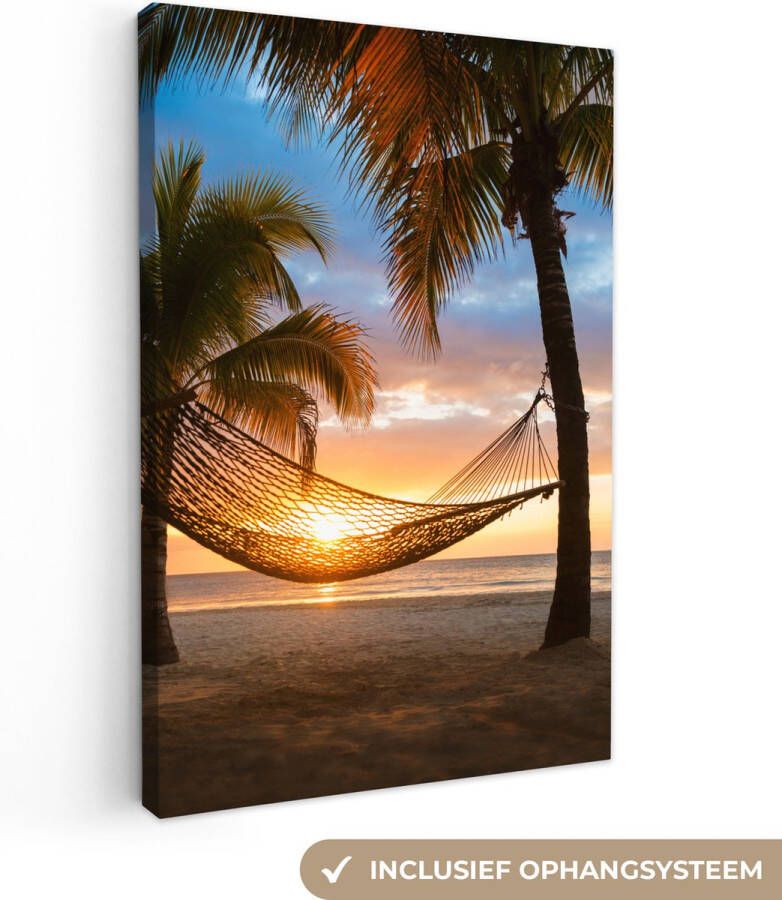 OneMillionCanvasses Canvas Schilderij Zonsondergang Hangmat Palmboom 80x120 cm Wanddecoratie