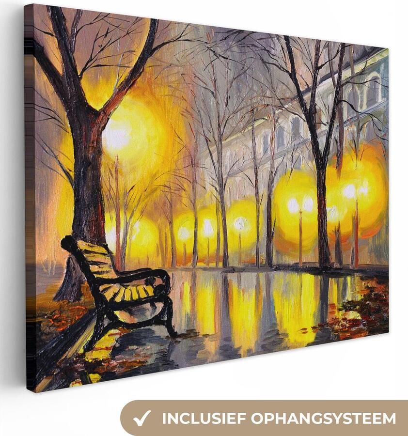 OneMillionCanvasses Canvas Licht Bomen Bank Muurdecoratie Woondecoratie Schilderij Oil painting 40x30 cm Wanddecoratie - Foto 2