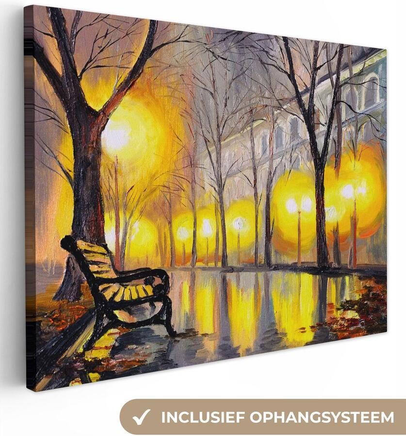 OneMillionCanvasses Canvas Licht Bomen Bank Muurdecoratie Woondecoratie Schilderij Oil painting 80x60 cm Wanddecoratie - Foto 2