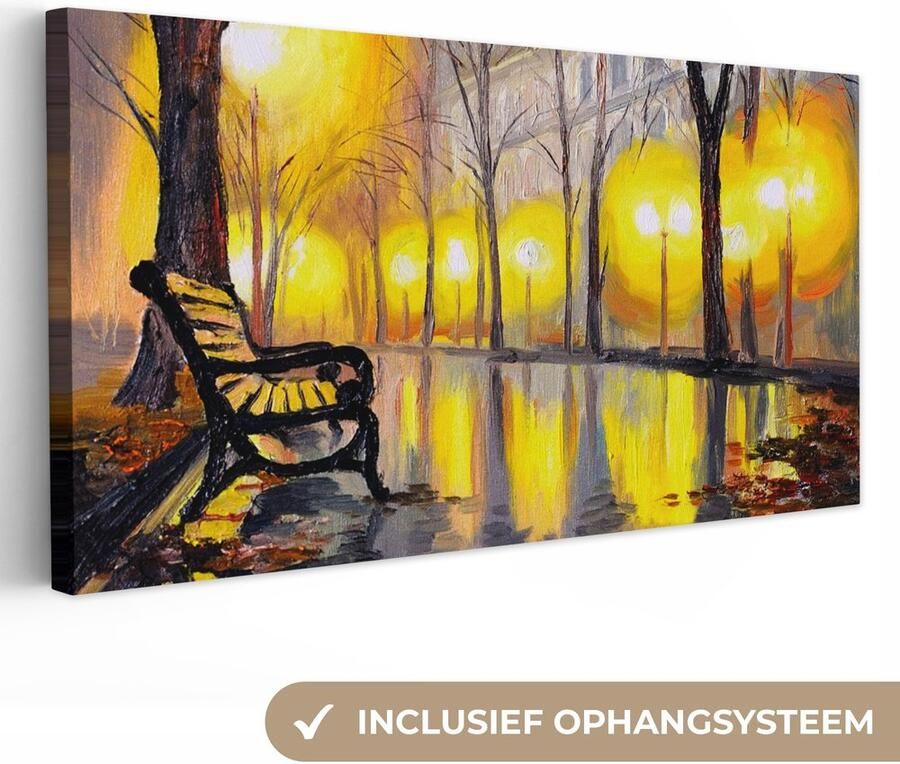 OneMillionCanvasses Canvas Licht Bomen Bank Muurdecoratie Woondecoratie Schilderij Oil painting 60x30 cm Wanddecoratie