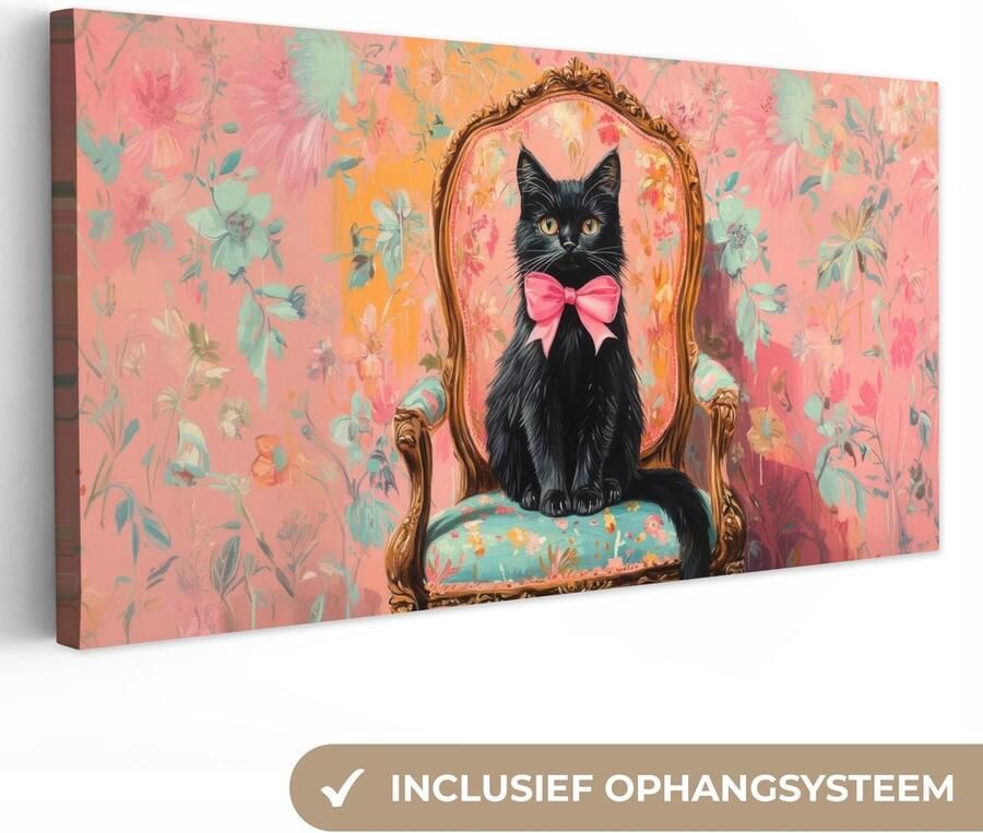 OneMillionCanvasses Canvas schilderij 100x50 cm Exclusieve wanddecoratie Kat Roze Stoel met bloemenmotief Muurdecoratie woonkamer Slaapkamer decoratie Kamer accessoires Schilderijen op canvas