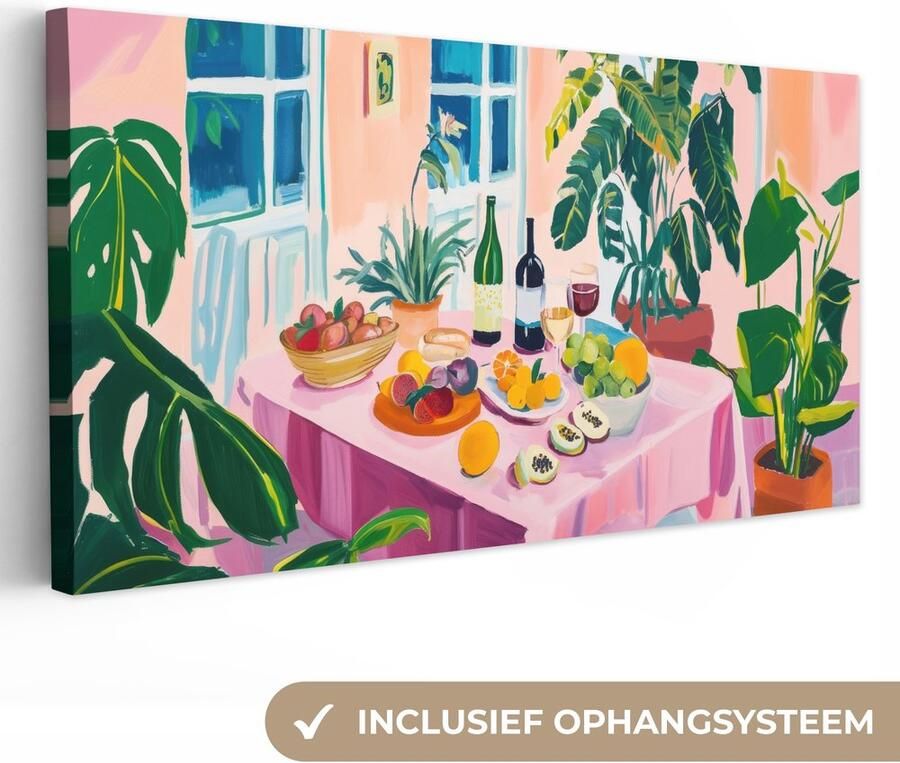 OneMillionCanvasses Canvas schilderij 160x80 cm Exclusieve wanddecoratie Tafel Wijn Fruit Muurdecoratie woonkamer Slaapkamer decoratie Kamer accessoires Schilderijen op canvas Eclectisch Aesthetic room decor