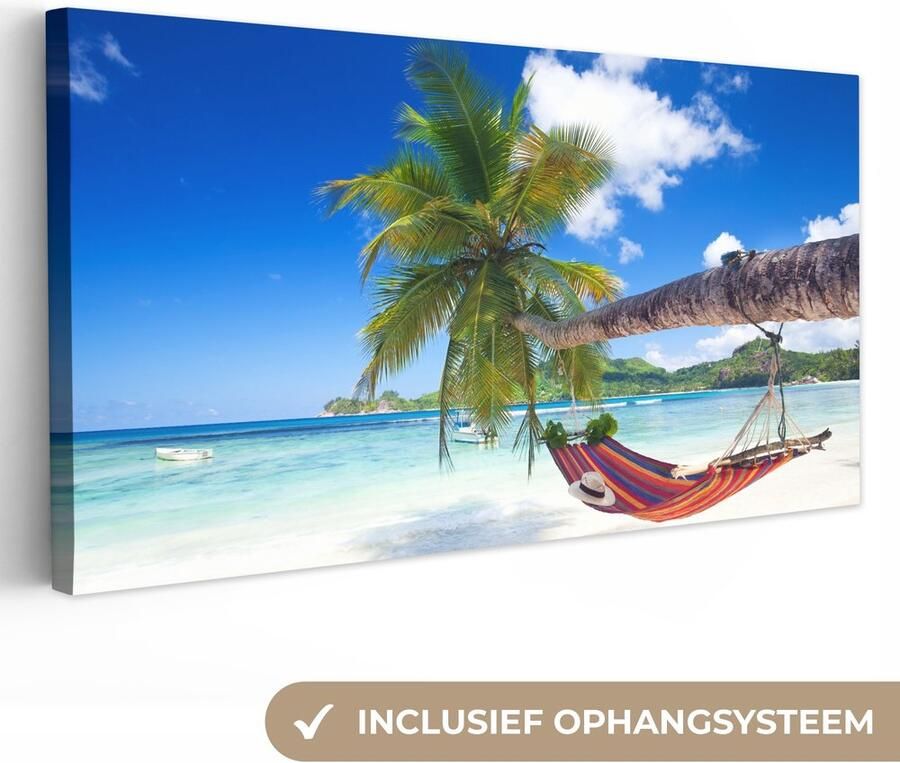 OneMillionCanvasses Canvas schilderij 100x50 cm Wanddecoratie Strand Hangmat Zee Palmboom Muurdecoratie woonkamer Slaapkamer decoratie Kamer accessoires Schilderijen op canvas