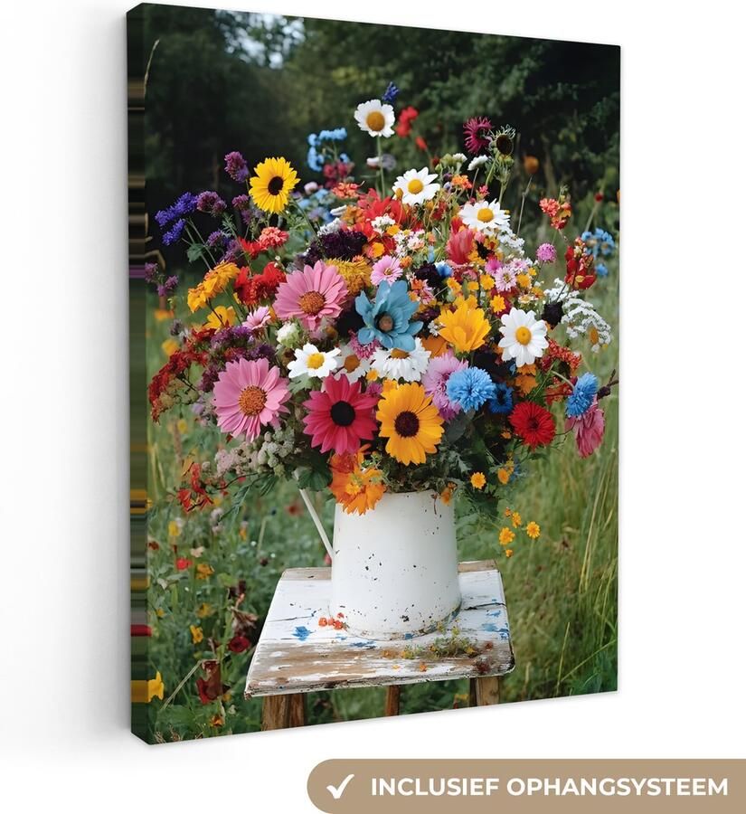 OneMillionCanvasses Canvas schilderij 90x120 cm Exclusieve wanddecoratie Bloemen Krukje Gieter Veld Muurdecoratie woonkamer Slaapkamer decoratie Kamer accessoires Schilderijen op canvas