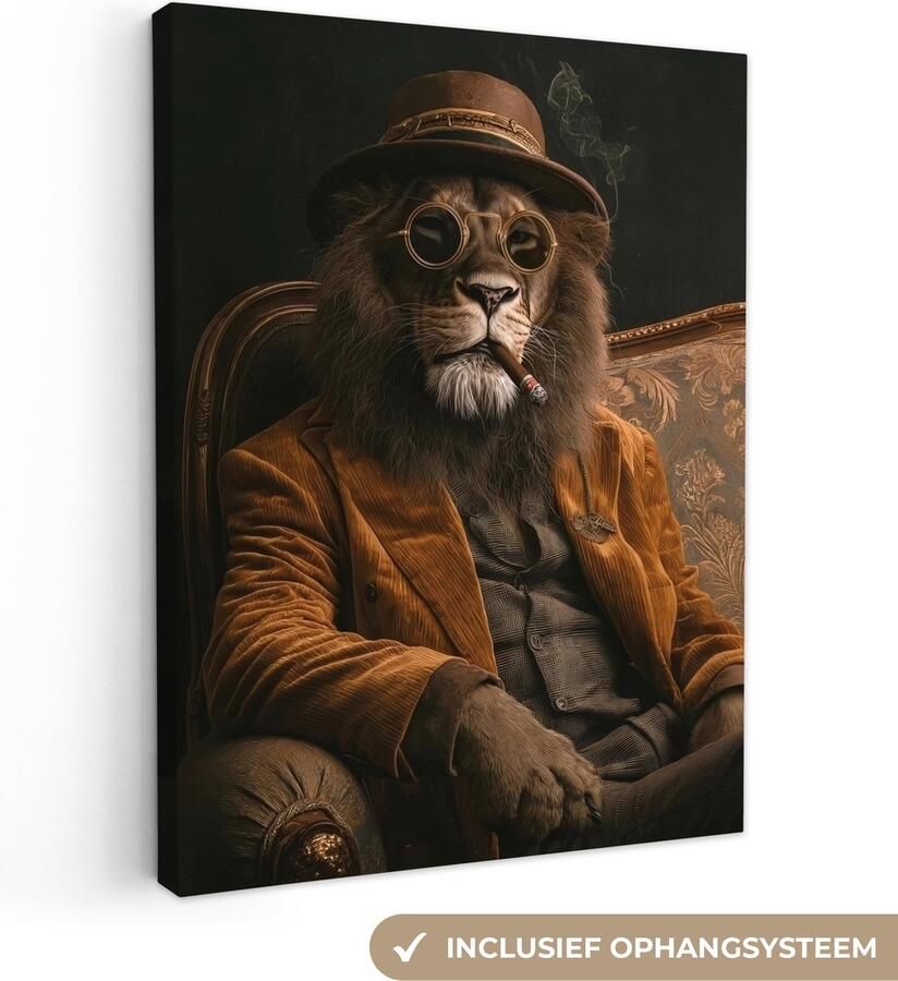 OneMillionCanvasses Canvas schilderij 90x120 cm Exclusieve wanddecoratie Bril Leeuw Bank Hoed Muurdecoratie woonkamer Slaapkamer decoratie Kamer accessoires Schilderijen op canvas