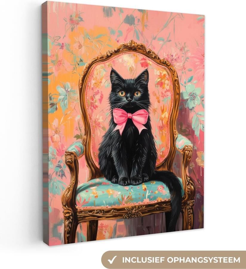 OneMillionCanvasses Canvas schilderij 90x120 cm Exclusieve wanddecoratie Kat Roze Stoel met bloemenmotief Muurdecoratie woonkamer Slaapkamer decoratie Kamer accessoires Schilderijen op canvas
