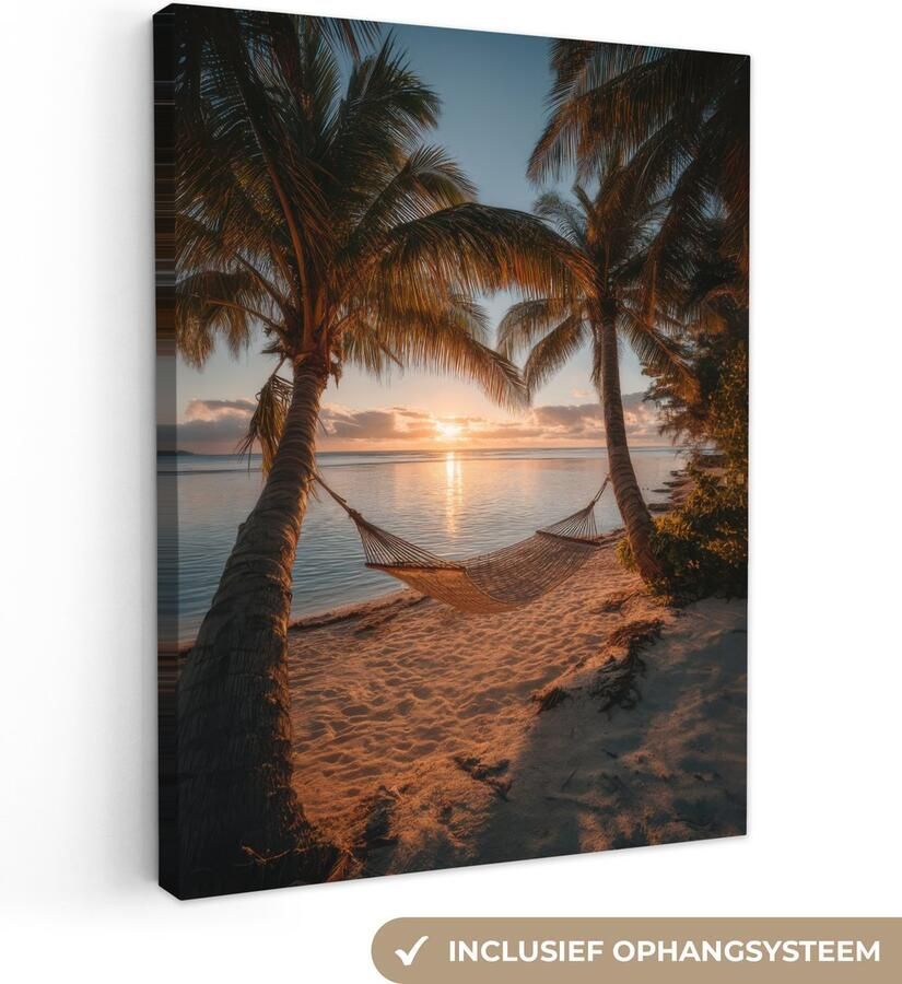OneMillionCanvasses Canvas schilderij 90x120 cm Exclusieve wanddecoratie Palmbomen Hangmat Strand Zonsondergang Muurdecoratie woonkamer Slaapkamer decoratie Kamer accessoires Schilderijen op canvas