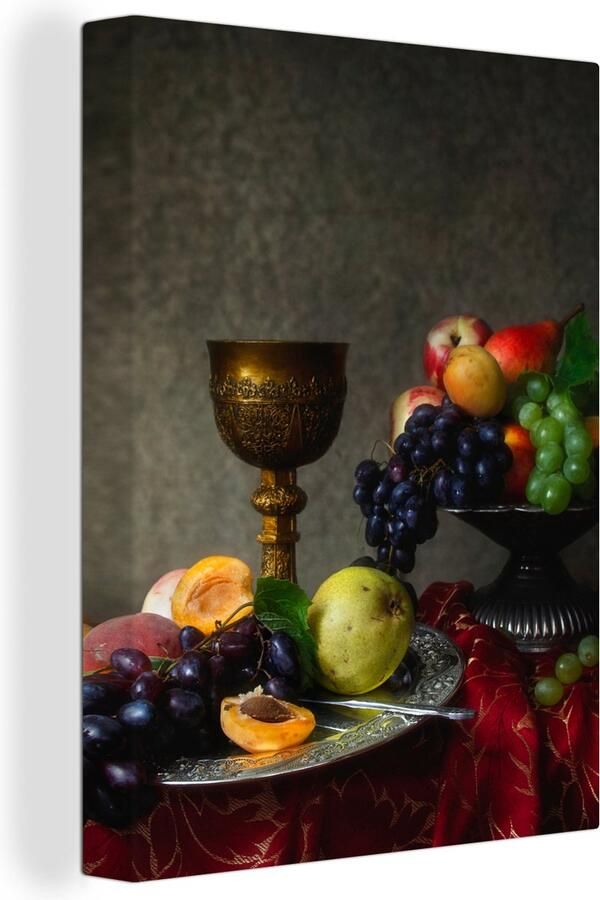 OneMillionCanvasses Canvas schilderij 120x160 cm Wanddecoratie Rustiek Tafel Fruit Stilleven Beker Muurdecoratie woonkamer Slaapkamer decoratie Kamer accessoires Schilderijen