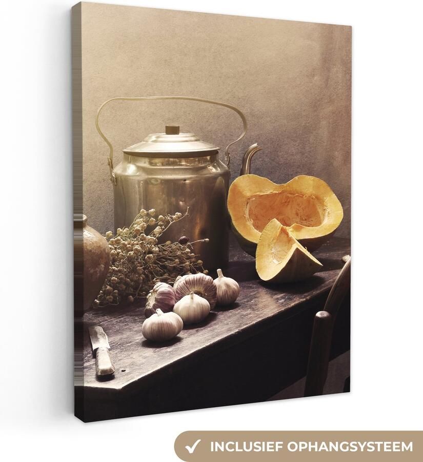 OneMillionCanvasses Canvas schilderij 60x80 cm Wanddecoratie Stilleven Pompoen Knoflook Pan Tafel Muurdecoratie woonkamer Slaapkamer decoratie Kamer accessoires Schilderijen op canvas