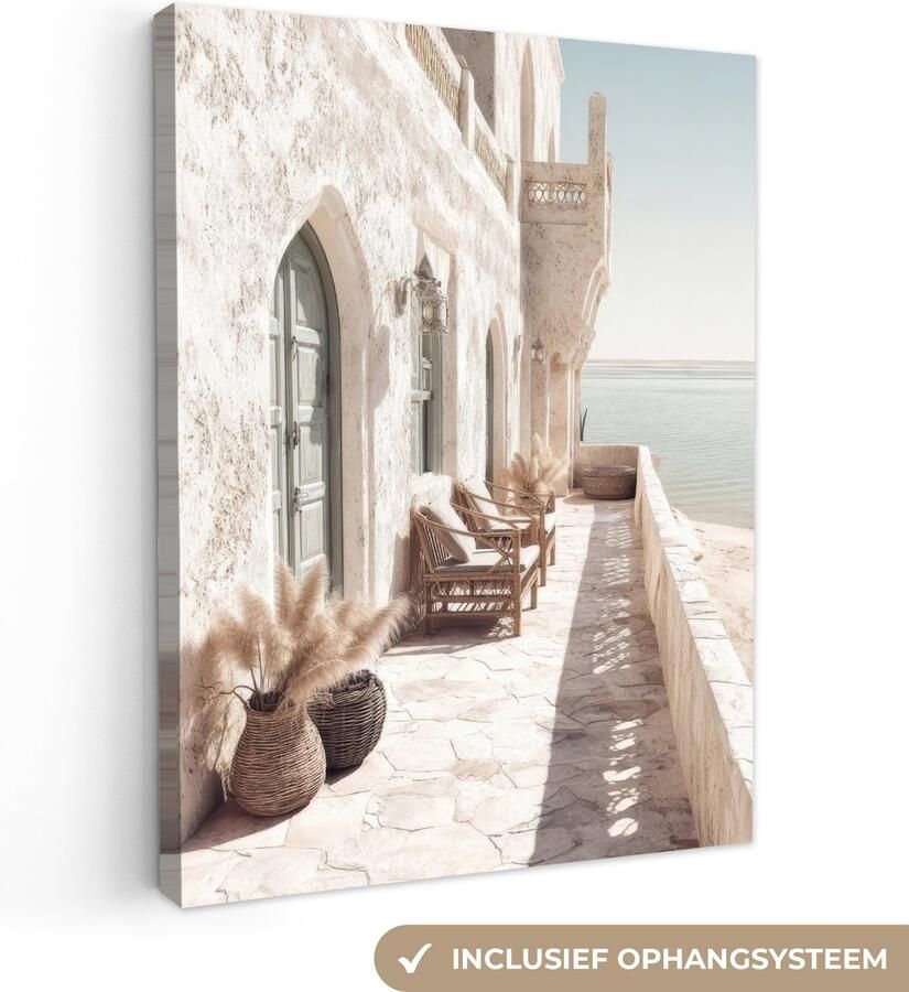 OneMillionCanvasses Canvas schilderij 60x80 cm Wanddecoratie Terras Stoelen Strand Beige Muurdecoratie woonkamer Slaapkamer decoratie Kamer accessoires Schilderijen op canvas