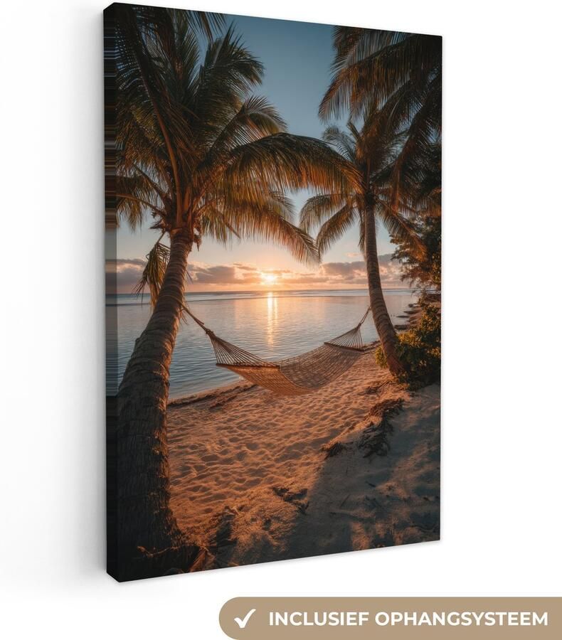 OneMillionCanvasses Canvas schilderij 40x60 cm Exclusieve wanddecoratie Palmbomen Hangmat Strand Zonsondergang Muurdecoratie woonkamer Slaapkamer decoratie Kamer accessoires Schilderijen op canvas