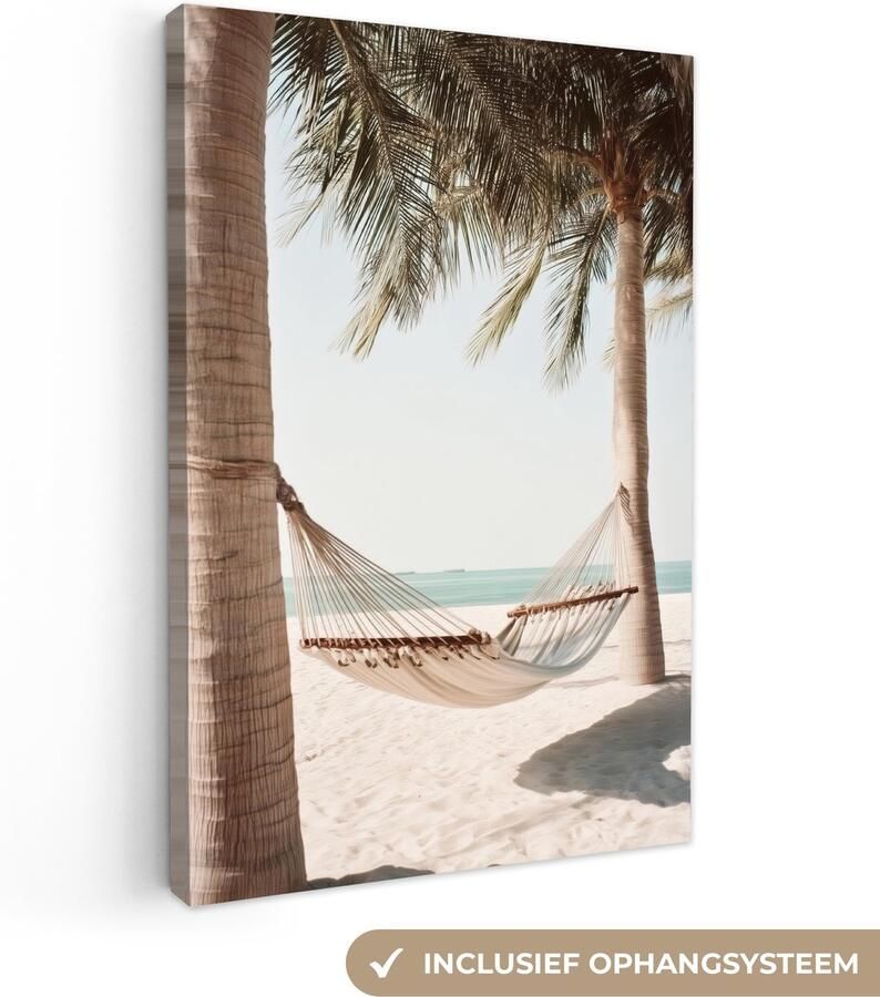 OneMillionCanvasses Canvas schilderij 60x90 cm Wanddecoratie Hangmat Palmbomen Strand Zee Muurdecoratie woonkamer Slaapkamer decoratie Kamer accessoires Schilderijen op canvas