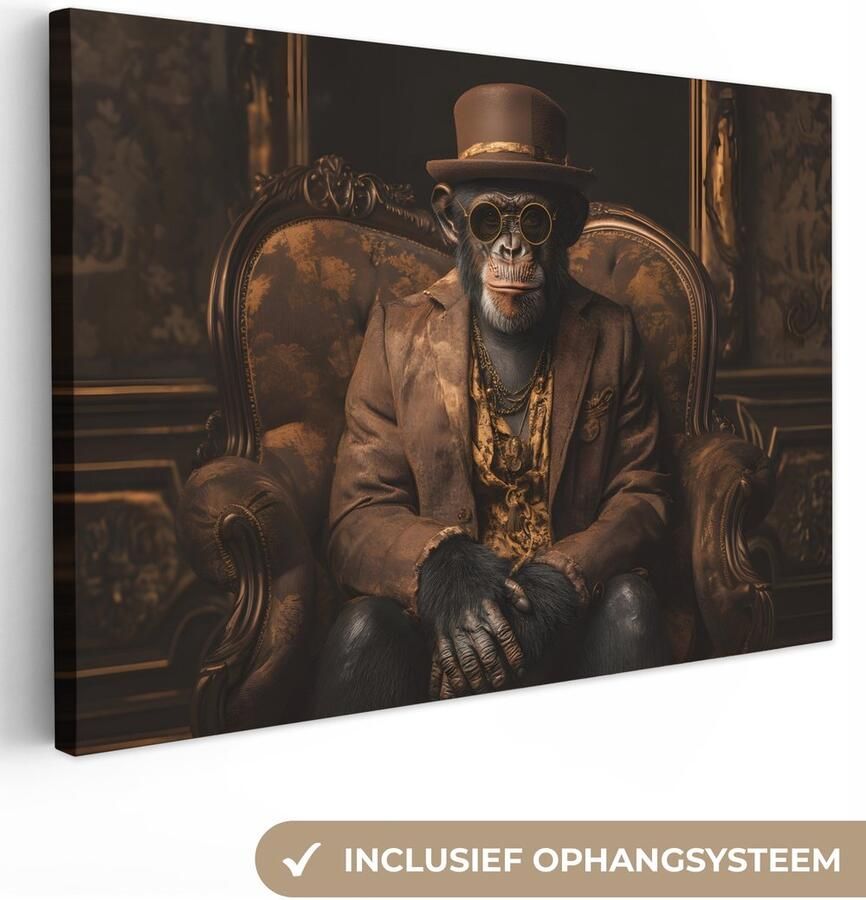 OneMillionCanvasses Canvas schilderij 150x100 cm Exclusieve wanddecoratie Chimpansee Stoel Pak Bruin Muurdecoratie woonkamer Slaapkamer decoratie Kamer accessoires Schilderijen op canvas