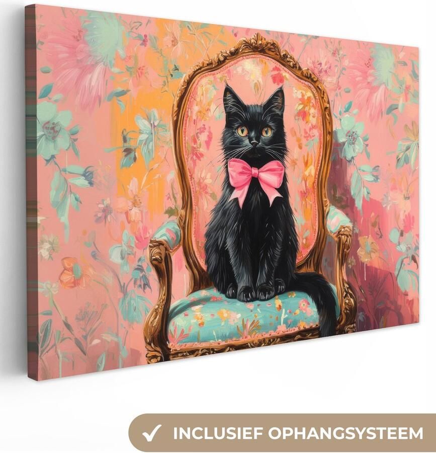 OneMillionCanvasses Canvas schilderij 150x100 cm Exclusieve wanddecoratie Kat Roze Stoel met bloemenmotief Muurdecoratie woonkamer Slaapkamer decoratie Kamer accessoires Schilderijen op canvas