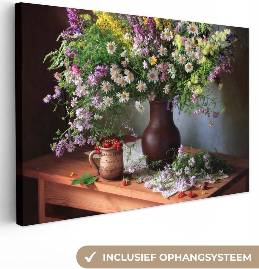 OneMillionCanvasses Canvas schilderij 150x100 cm Wanddecoratie Bloemen Tafel Stilleven Boeket Vaas Muurdecoratie woonkamer Slaapkamer decoratie Kamer accessoires Schilderijen op canvas