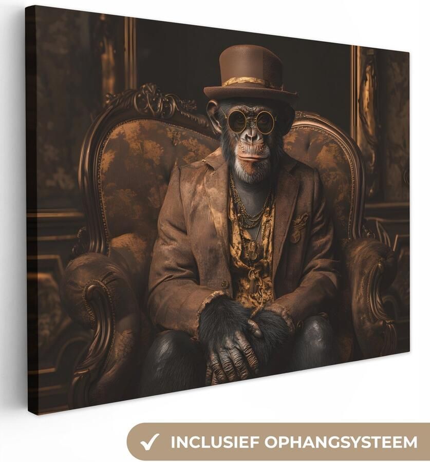 OneMillionCanvasses Canvas schilderij 120x90 cm Exclusieve wanddecoratie Chimpansee Stoel Pak Bruin Muurdecoratie woonkamer Slaapkamer decoratie Kamer accessoires Schilderijen op canvas