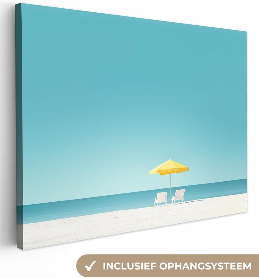 OneMillionCanvasses Canvas schilderij 120x90 cm Exclusieve wanddecoratie Strand Blauwe lucht Geel Parasol Muurdecoratie woonkamer Slaapkamer decoratie Kamer accessoires Schilderijen op canvas