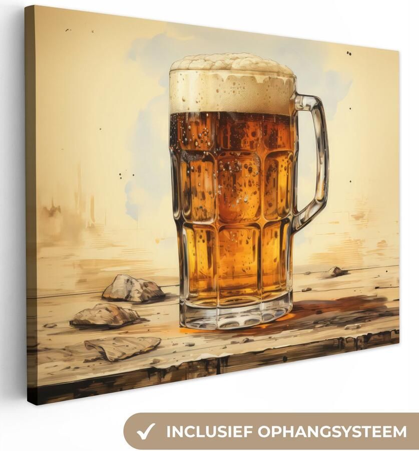 OneMillionCanvasses Canvas schilderij 80x60 cm Wanddecoratie Vintage Bier Pul Hout Tafel Drinken Muurdecoratie woonkamer Slaapkamer decoratie Kamer accessoires Schilderijen op canvas
