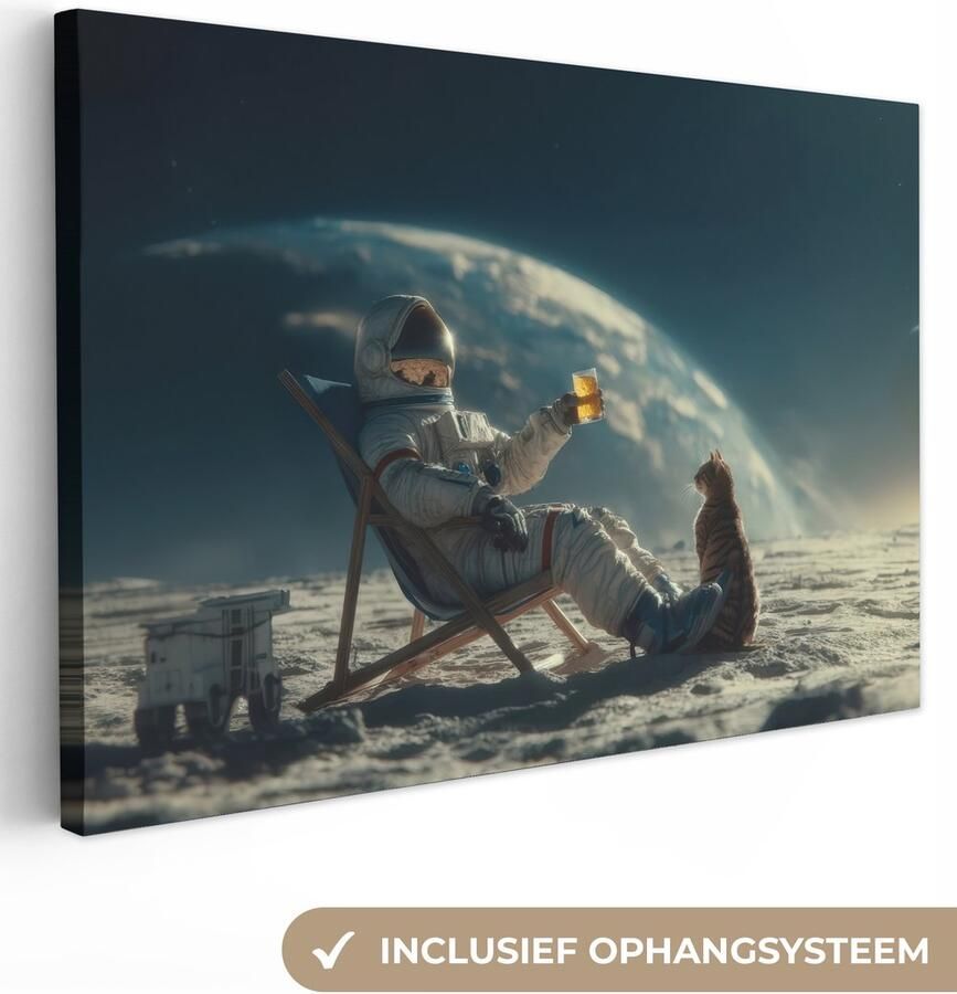 OneMillionCanvasses Canvas schilderij 150x100 cm Exclusieve wanddecoratie Astronaut Kat Glas Stoel Muurdecoratie woonkamer Slaapkamer decoratie Kamer accessoires Schilderijen op canvas