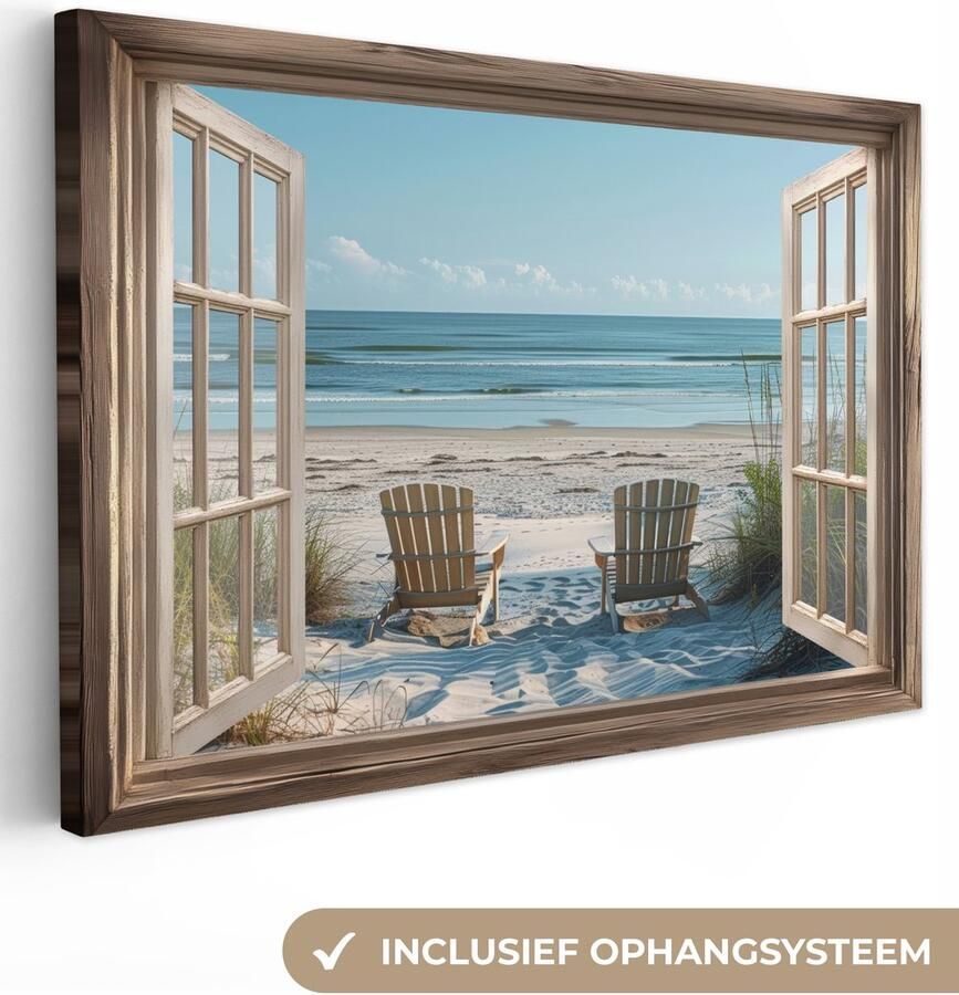 OneMillionCanvasses Canvas schilderij 150x100 cm Exclusieve wanddecoratie Doorkijk Strandstoelen Duinen Zee Natuur Muurdecoratie woonkamer Slaapkamer decoratie Kamer accessoires Schilderijen op canvas