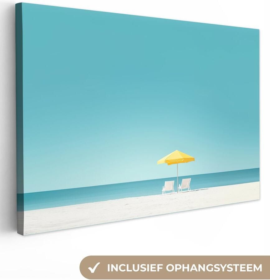 OneMillionCanvasses Canvas schilderij 90x60 cm Exclusieve wanddecoratie Strand Blauwe lucht Geel Parasol Muurdecoratie woonkamer Slaapkamer decoratie Kamer accessoires Schilderijen op canvas