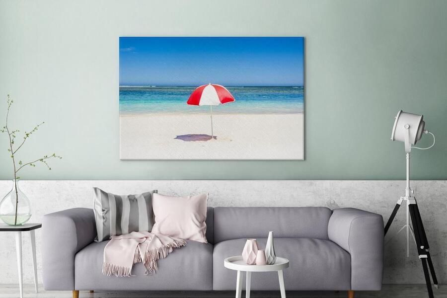 OneMillionCanvasses Canvas schilderij 140x90 cm Wanddecoratie Parasol op het witte strand van de Kust van Ningaloo Muurdecoratie woonkamer Slaapkamer decoratie Kamer accessoires Schilderijen