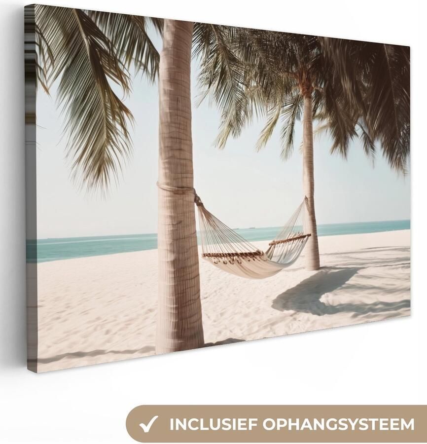 OneMillionCanvasses Canvas schilderij 60x40 cm Wanddecoratie Hangmat Palmbomen Strand Zee Muurdecoratie woonkamer Slaapkamer decoratie Kamer accessoires Schilderijen op canvas