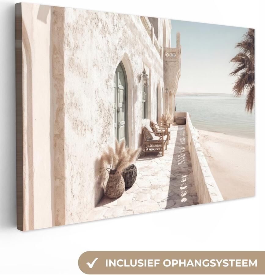 OneMillionCanvasses Canvas schilderij 150x100 cm Wanddecoratie Terras Stoelen Strand Beige Muurdecoratie woonkamer Slaapkamer decoratie Kamer accessoires Schilderijen op canvas