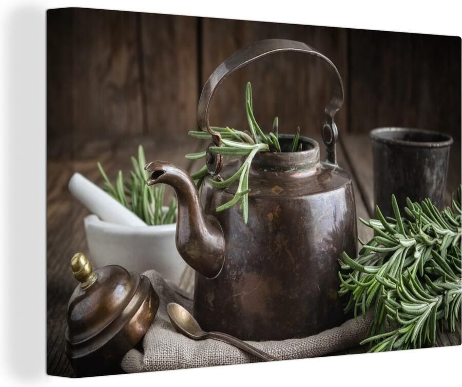 OneMillionCanvasses Canvas schilderij 140x90 cm Wanddecoratie Thee Theepot Kruiden Muurdecoratie woonkamer Slaapkamer decoratie Kamer accessoires Schilderijen