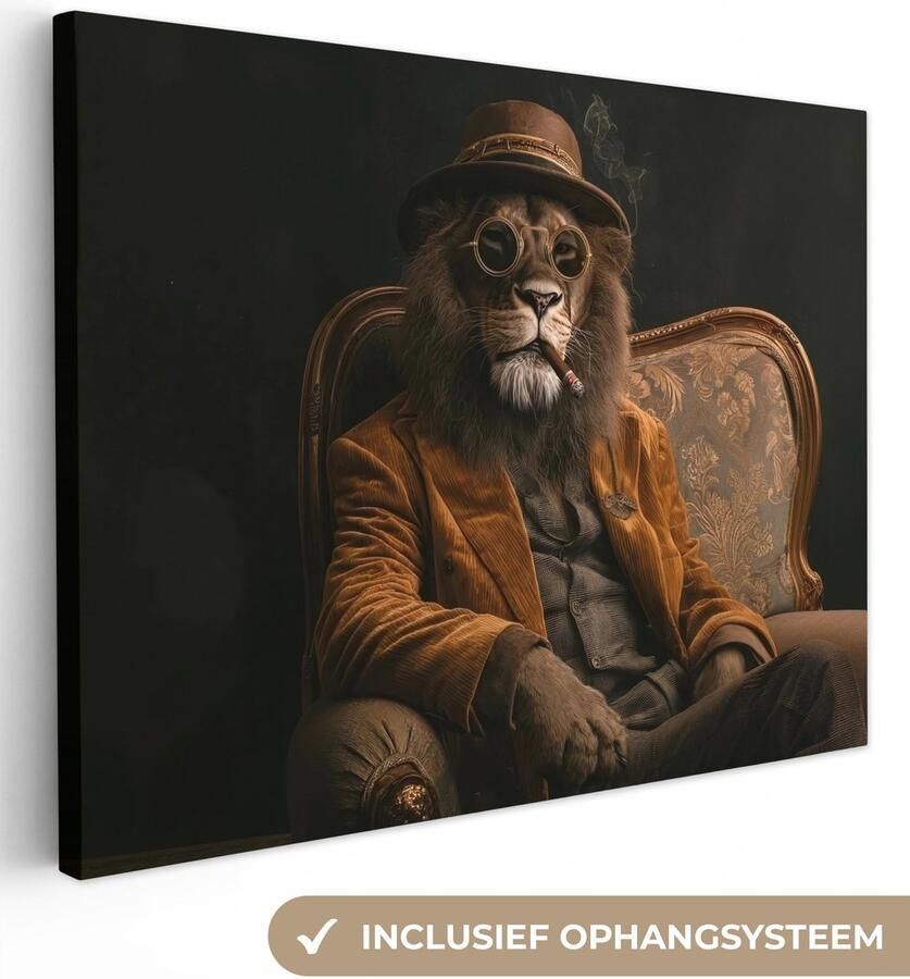 OneMillionCanvasses Canvas schilderij 120x90 cm Exclusieve wanddecoratie Bril Leeuw Bank Hoed Muurdecoratie woonkamer Slaapkamer decoratie Kamer accessoires Schilderijen op canvas