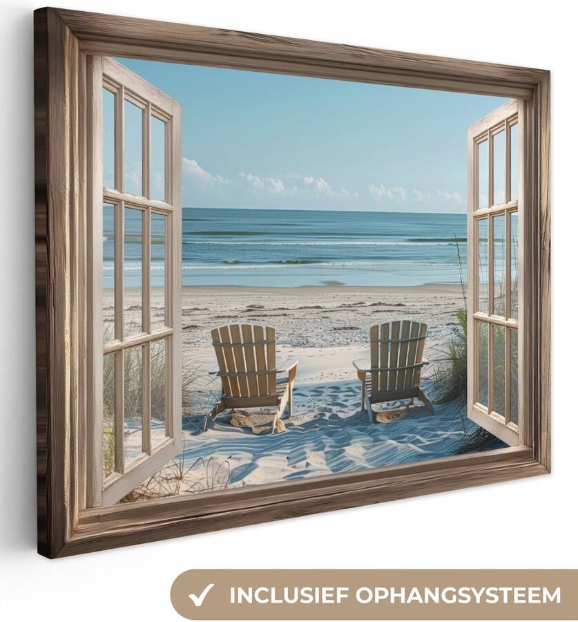 OneMillionCanvasses Canvas schilderij 160x120 cm Exclusieve wanddecoratie Doorkijk Strandstoelen Duinen Zee Natuur Muurdecoratie woonkamer Slaapkamer decoratie Kamer accessoires Schilderijen op canvas